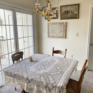 Vintage Handmade Linen Crochet Tablecloth Floral 66x46 Cottage Prairie Retro